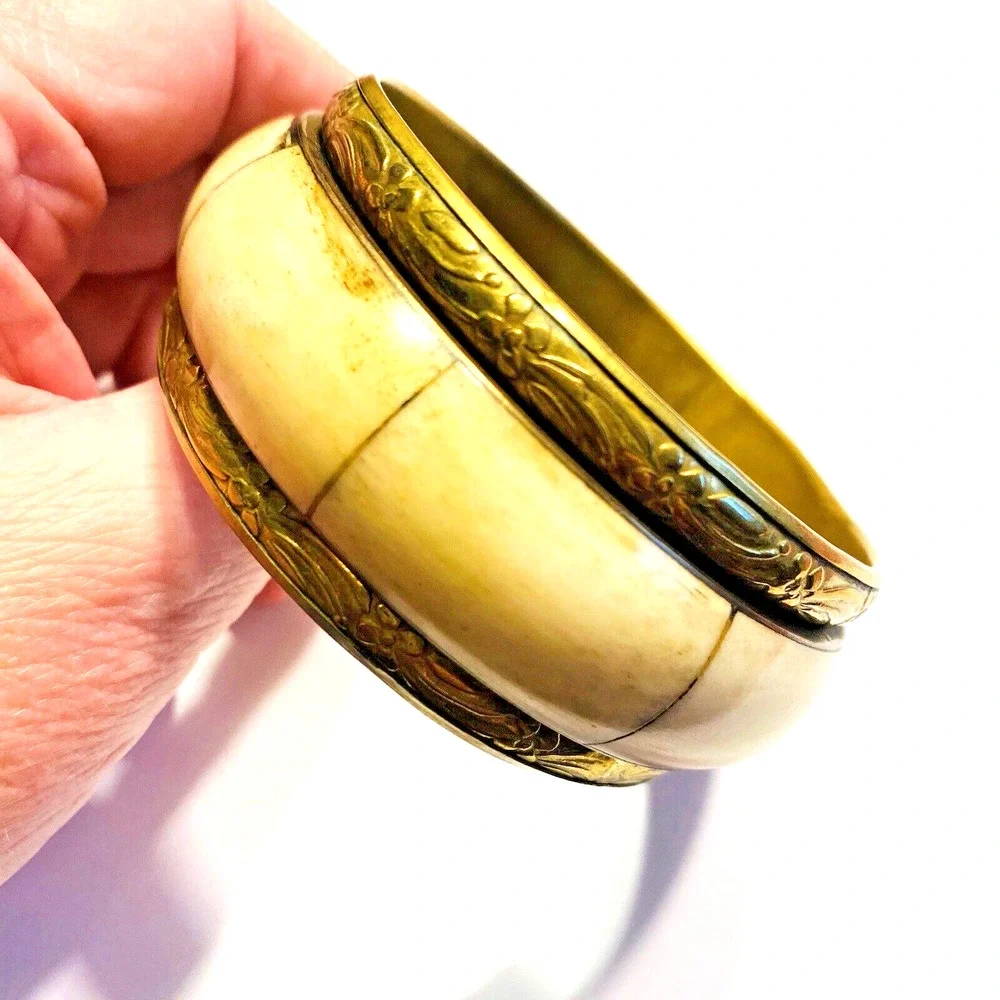 Vintage Bangle Bracelet Embossed Brass & Faux Bone Panel Inlay Tribal Boho Chic